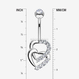 Detail View 1 of 14 Karat White Gold Double Hearts Sparkle Loop Belly Button Ring-Clear Gem