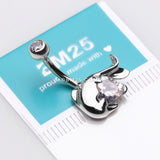 Detail View 3 of 14 Karat White Gold Adorable Dolphin Hugging Heart Sparkle Belly Button Ring-Clear Gem