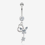 14 Karat White Gold Heart Loop Butterfly Marquise Sparkle Belly Button Ring