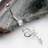 Detail View 2 of 14 Karat White Gold Heart Loop Butterfly Marquise Sparkle Belly Button Ring-Clear Gem