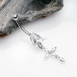 Detail View 2 of 14 Karat White Gold Marquise Cross Teardrop Sparkle Belly Button Ring-Clear Gem