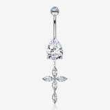 14 Karat White Gold Marquise Cross Teardrop Sparkle Belly Button Ring-Clear Gem