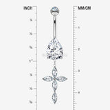 Detail View 1 of 14 Karat White Gold Marquise Cross Teardrop Sparkle Belly Button Ring-Clear Gem
