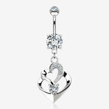 14 Karat White Gold Luscious Heart Twirl Sparkle Belly Button Ring-Clear Gem