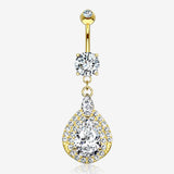 14 Karat Gold Triple Tiered Magnificent Sparkles Teardrop Belly Button Ring-Clear Gem