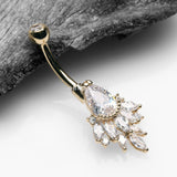 Detail View 2 of 14 Karat Gold Luscious Floral Sparkle Teardrop Belly Button Ring-Clear Gem