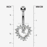 Detail View 1 of 14 Karat White Gold Hollow Heart Floret Sparkle Belly Button Ring-Clear Gem