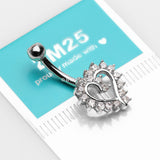 Detail View 3 of 14 Karat White Gold Hollow Heart Floret Sparkle Belly Button Ring-Clear Gem