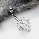 Detail View 2 of 14 Karat White Gold Hollow Heart Floret Sparkle Belly Button Ring-Clear Gem