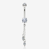14 Karat White Gold Double Chained Sparkle Dangle Belly Button Ring-Clear Gem