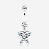 14 Karat White Gold Grand Butterfly Marquise Sparkle Dangle Belly Button Ring