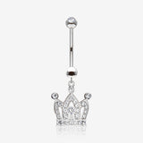 14 Karat White Gold Majestic Crown Sparkle Dangle Belly Button Ring-Clear Gem