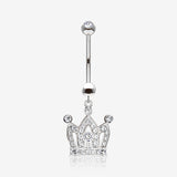 14 Karat White Gold Majestic Crown Sparkle Dangle Belly Button Ring