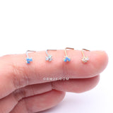 Detail View 3 of 14 Karat Gold Tri Fire Opal Sparkle Prong Set L-Shaped Nose Ring-Blue Opal