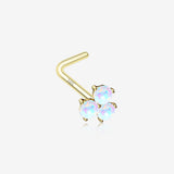 14 Karat Gold Tri Fire Opal Sparkle Prong Set L-Shaped Nose Ring-White Opal