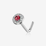 14 Karat White Gold Double Tiered Brilliant Sparkle Multi Gem L-Shaped Nose Ring-Clear Gem/Red