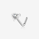 14 Karat White Gold Hollow Heart Sparkle L-Shaped Nose Ring