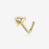 14 Karat Gold Hollow Heart Sparkle L-Shaped Nose Ring-Clear Gem