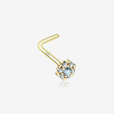14 Karat Gold Glistening Multi-Gem Flower Sparkle L-Shaped Nose Ring-Clear Gem/Aqua