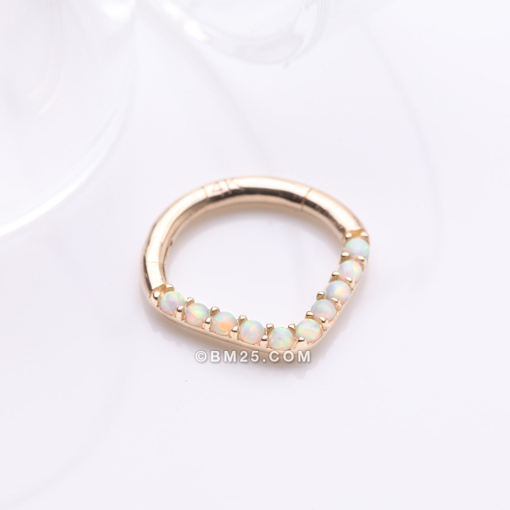 Detail View 1 of 14 Karat Gold Fire Opal Sparkle Chevron Clicker Hoop Ring-White Opal