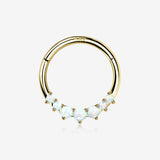 14 Karat Gold Cascading Fire Opal Prong Set Lined Seamless Clicker Hoop Ring-White Opal