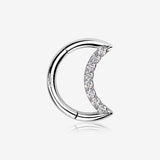 14 Karat White Gold Brilliant Sparkle Gem Lined Crescent Moon Seamless Clicker Hoop Ring-Clear Gem