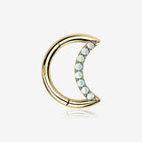 14 Karat Gold Fire Opal Sparkle Lined Crescent Moon Seamless Clicker Hoop Ring-White Opal