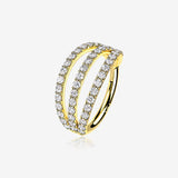 14 Karat Gold Triple Hoop Sparkle Rows Seamless Clicker Hoop Ring-Clear Gem