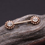 Detail View 1 of A Pair of Rose Gold Bali Bead Karma Circle Sparkle Threadless Nipple Barbell-Clear Gem