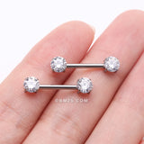 Detail View 2 of A Pair of Implant Grade Titanium OneFit Threadless Prong Gem Sparkle Nipple Barbell-Clear Gem