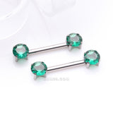 Detail View 1 of A Pair of Implant Grade Titanium OneFit Threadless Prong Gem Sparkle Nipple Barbell-Emerald