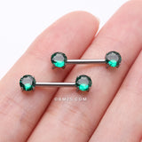 Detail View 2 of A Pair of Implant Grade Titanium OneFit Threadless Prong Gem Sparkle Nipple Barbell-Emerald