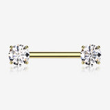A Pair of Implant Grade Titanium Gold PVD OneFit Threadless Prong Gem Sparkle Nipple Barbell-Clear Gem