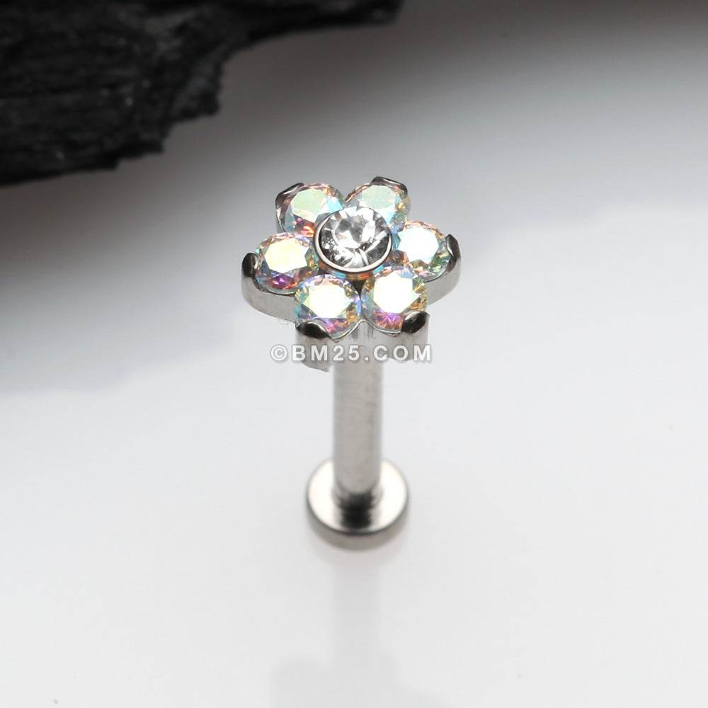 Detail View 1 of Implant Grade Titanium OneFit Threadless Brilliant Sparkle Flower Top Flat Back Stud Labret-Aurora Borealis/Clear Gem