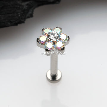 Detail View 1 of Implant Grade Titanium OneFit Threadless Brilliant Sparkle Flower Top Flat Back Stud Labret-Aurora Borealis/Clear Gem