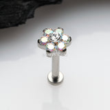 Detail View 1 of Implant Grade Titanium OneFit Threadless Brilliant Sparkle Flower Top Flat Back Stud Labret-Aurora Borealis/Clear Gem