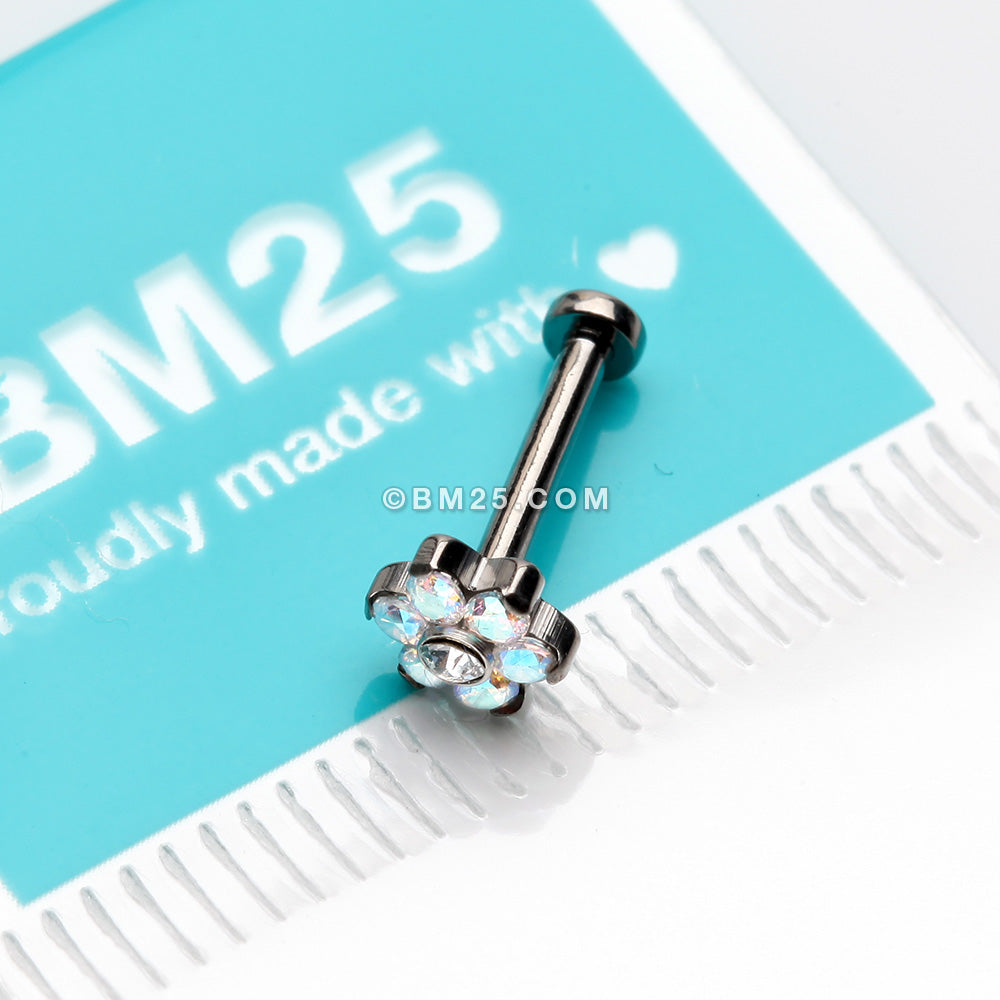 Detail View 3 of Implant Grade Titanium OneFit Threadless Brilliant Sparkle Flower Top Flat Back Stud Labret-Aurora Borealis/Clear Gem