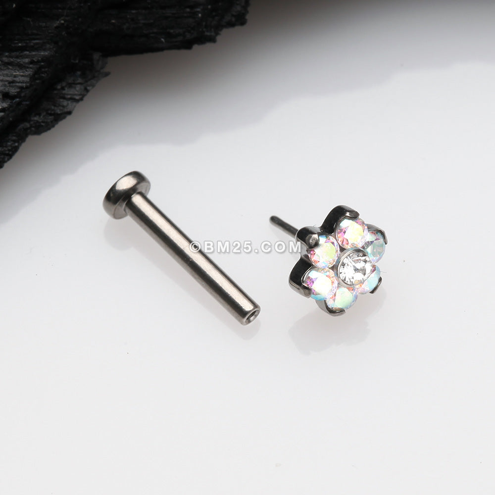 Detail View 2 of Implant Grade Titanium OneFit Threadless Brilliant Sparkle Flower Top Flat Back Stud Labret-Aurora Borealis/Clear Gem