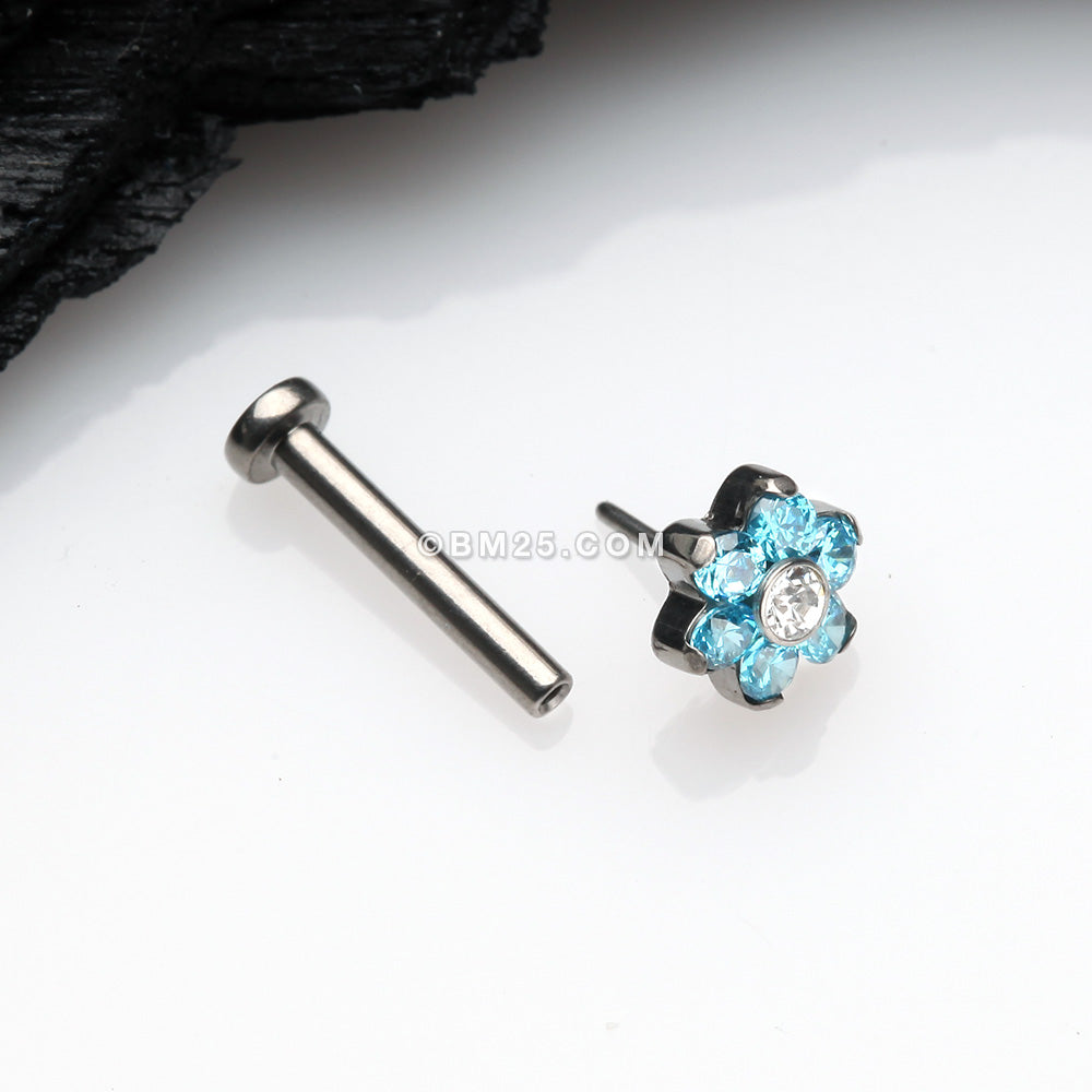 Detail View 2 of Implant Grade Titanium OneFit Threadless Brilliant Sparkle Flower Top Flat Back Stud Labret-Aqua/Clear Gem