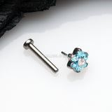 Detail View 2 of Implant Grade Titanium OneFit Threadless Brilliant Sparkle Flower Top Flat Back Stud Labret-Aqua/Clear Gem