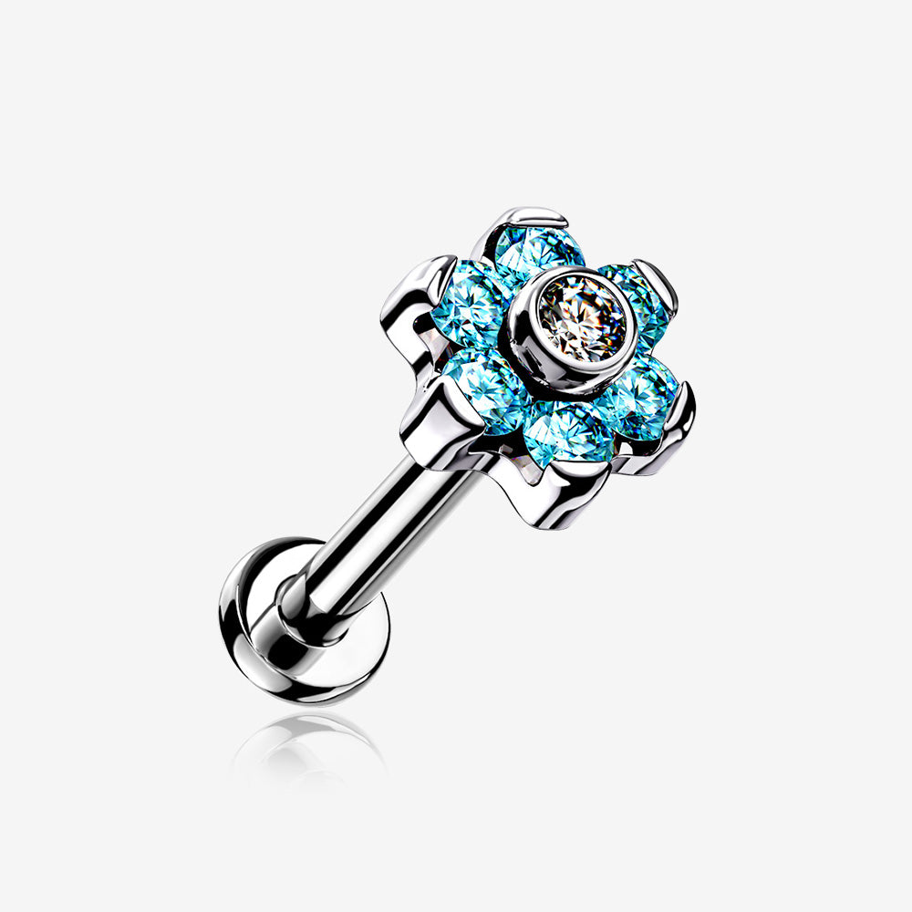 Implant Grade Titanium OneFit Threadless Brilliant Sparkle Flower Top Flat Back Stud Labret-Aqua/Clear Gem