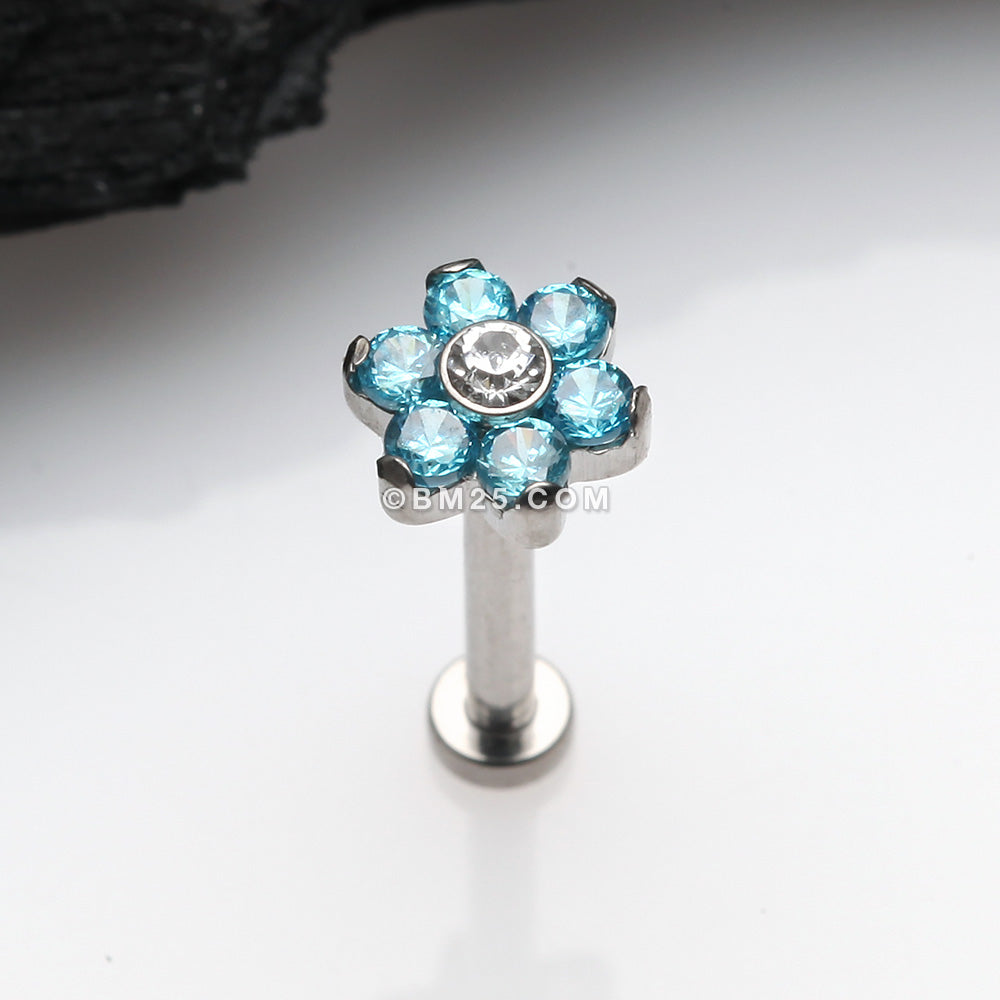 Detail View 1 of Implant Grade Titanium OneFit Threadless Brilliant Sparkle Flower Top Flat Back Stud Labret-Aqua/Clear Gem