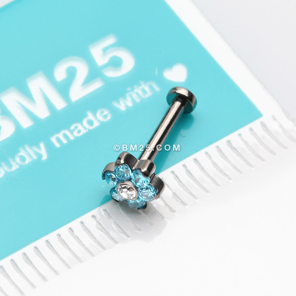 Detail View 3 of Implant Grade Titanium OneFit Threadless Brilliant Sparkle Flower Top Flat Back Stud Labret-Aqua/Clear Gem