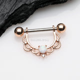 Detail View 1 of A Pair of Rose Gold Turan Fire Opal Sparkle Dangle Nipple Shield-White Opal
