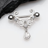 Detail View 1 of A Pair of Royal Heart Filigree Sparkle Dangle Nipple Shield-Clear Gem