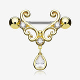 A Pair of Golden Royal Heart Filigree Sparkle Dangle Nipple Shield-Clear Gem