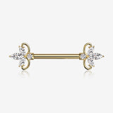 A Pair of Golden Royal Floral Spear Sparkle Elegance Nipple Barbell