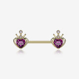 A Pair of Golden Majestic Queen's Crown Heart Sparkle Nipple Barbell