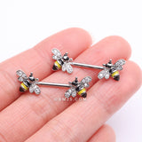 Detail View 2 of A Pair of Adorable Bumble Bee Sparkle Nipple Barbell-Clear Gem
