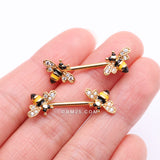 Detail View 2 of A Pair of Golden Adorable Bumble Bee Sparkle Nipple Barbell-Clear Gem